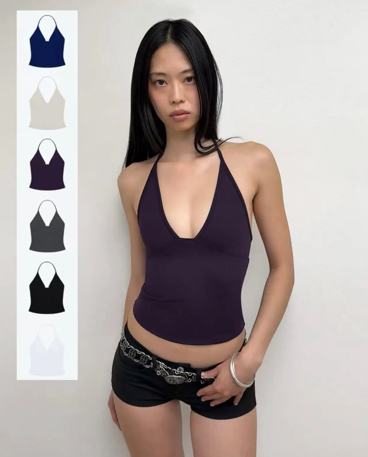 

Tank triangle cup halter V-neck backless crop top Hayley's same style strappy top low-cut backless top