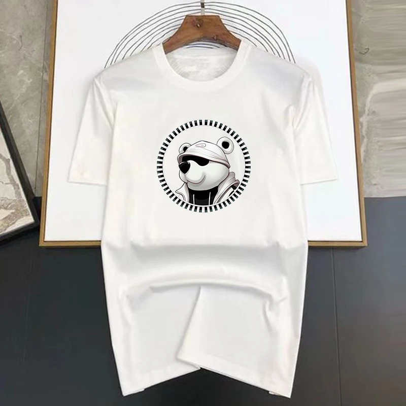 Black and White Bear Head Pattern Printing Cotton Short Sleeve Men Street Luxury Brand T-Shirts Loose Oversized Tees Soft