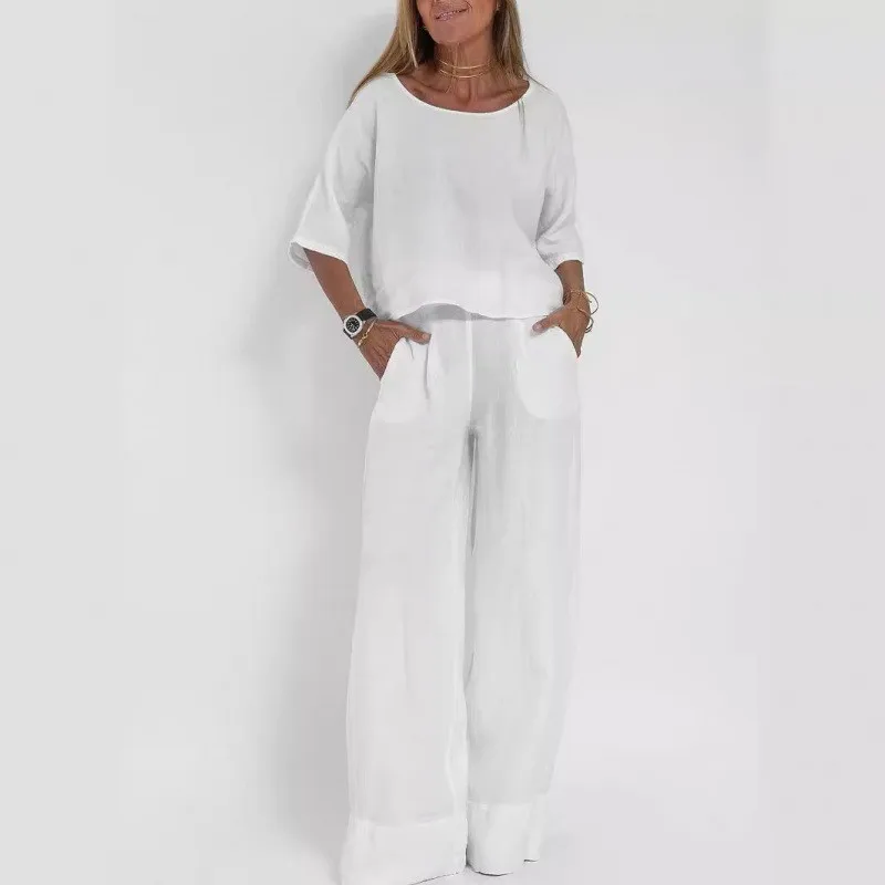 

Summer New Long Pants Set For Women's Casual, Loose, Comfortable, Solid Color, Short Sleeved, Cotton And Linen Minimalist Set