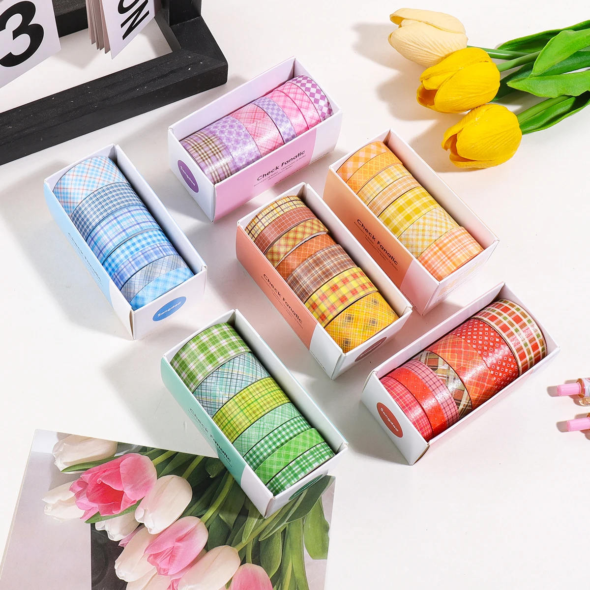 7 Rolls Retro Minimalist Plaid Washi Tape Set, 8/15/18mm Decorative Tape for Scrapbooking Journaling DIY Craft Stationery Gifts