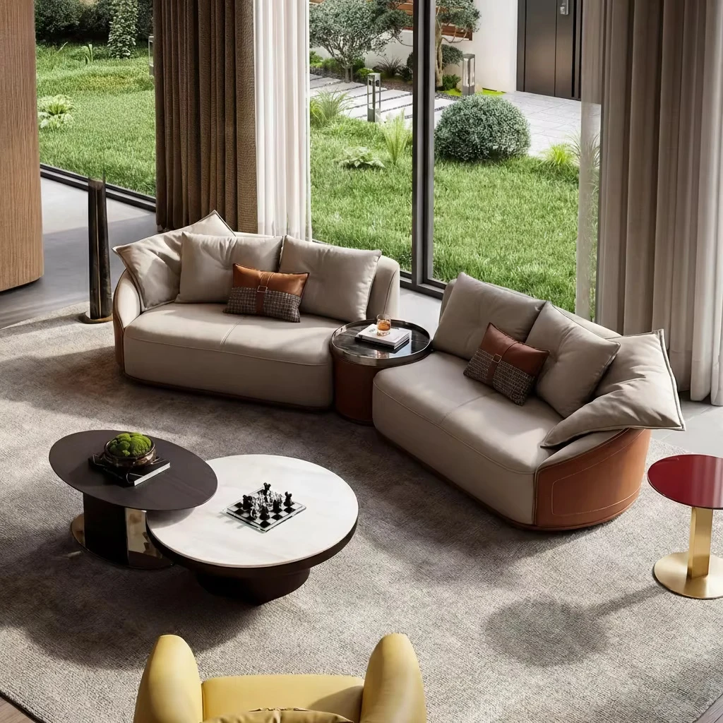 *Luxury leather sofa villa curved corner sofa living room combination new design sofa overall matching one-stop service