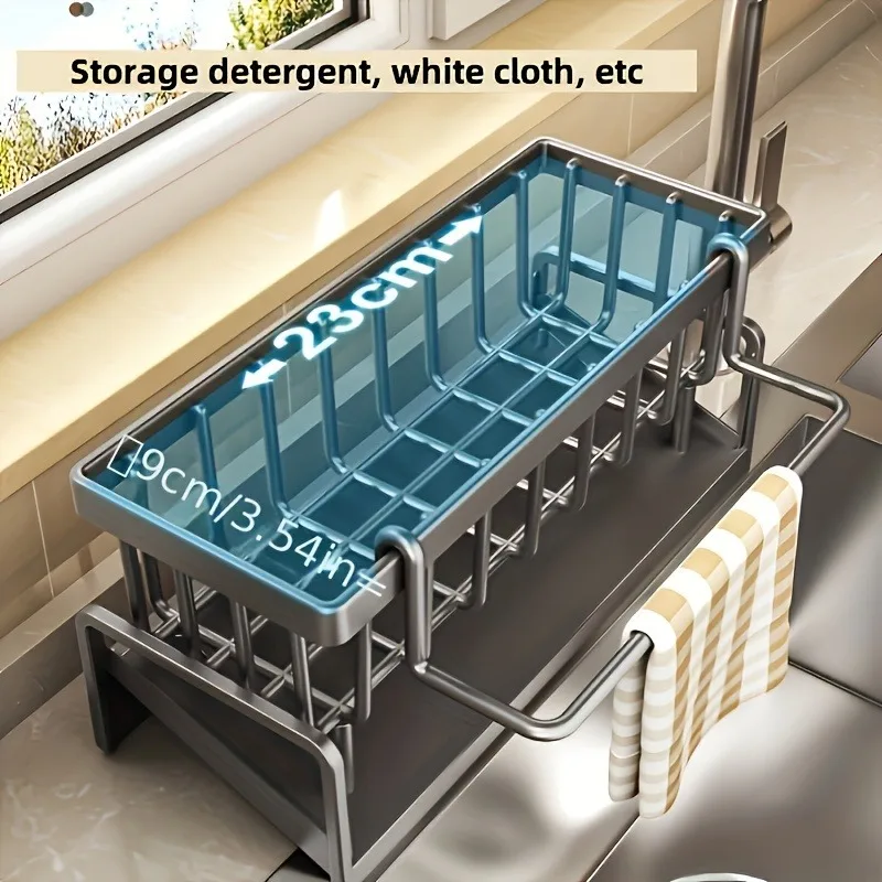 Kitchen Sink Drain Rack with Sponge Holder, Countertop Dish Drying Rack for Faucet, Dishwashing Storage Basket for Soap and Rags