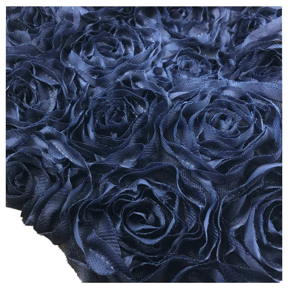 

1 Meter Navy 3D Plate Flower Rose Mesh Embroidered Fabric for Dance Wedding Dress Childrenwear 130cm 51" Width MM417