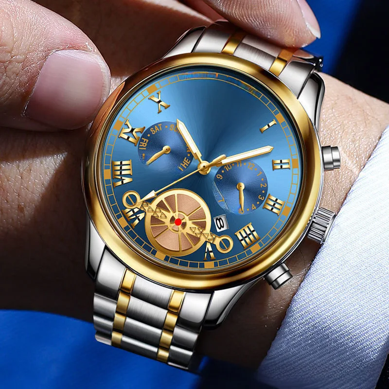 ผู้ชายเข็มขัดเหล็ก Multi-Functional ปฏิทินสัปดาห์การค้าต่างประเทศนาฬิกาแฟชั่นควอตซ์ขายส่ง Live กันน้ํา