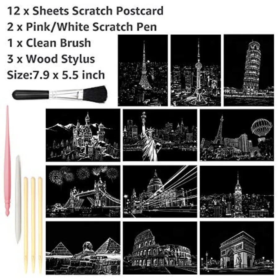 Magic Scratch Art Paper, Mini Envelope Postcard, Rainbow Night View Scratchboard for Adults and Teens, Art and Crafts Set: 12 S