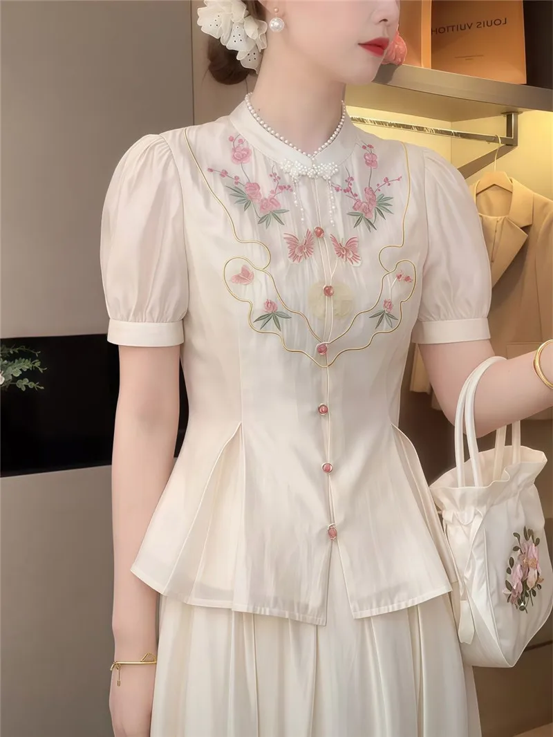 

New High End Fashion Shirt Women Stand Collar Embroidery Jacquard Summer Puff Sleeve Slim Blouse Chinese Elegant Top Blusa