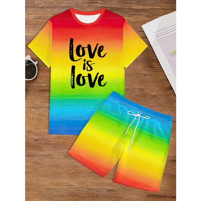 Summer 2025 3D Printed Gold Coin Grid Rainbow Color Block Fashionable Round Neck Short Sleeved T-shirt Shorts Set for Men