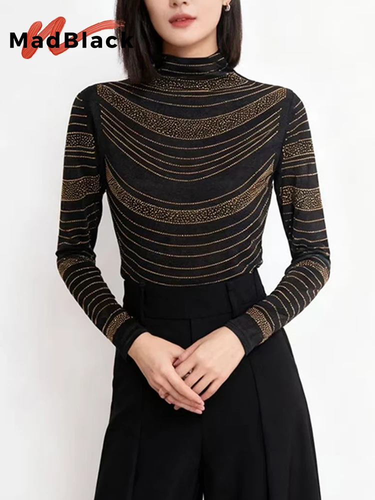 

MadBlack-Women European T-Shirt, Sexy Mock Neck Diamond Patchwork, Streetwear Long Sleeve Slim S-3XL Tee, 2025 Winter T5D444CC