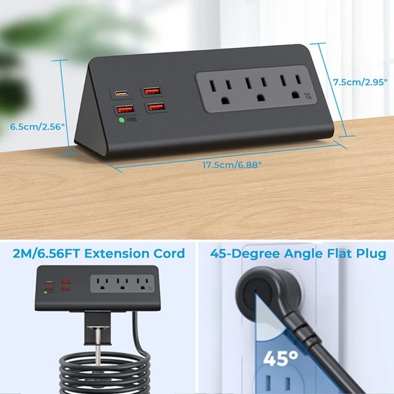 Nightstands Edges Mount Power Strips USB C Port Desk Clamp Surges Protectors with 3AC Outlets and 4 USB for Home Office