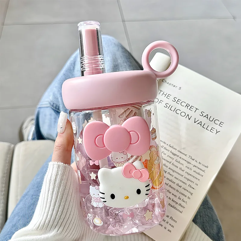 Hello Kitty Summer Girls' Plastic Cup  Cute, Stylish Straw Cup  Large-Capacity, Food-Grade, Portable Student Sports Water Bottle view 3
