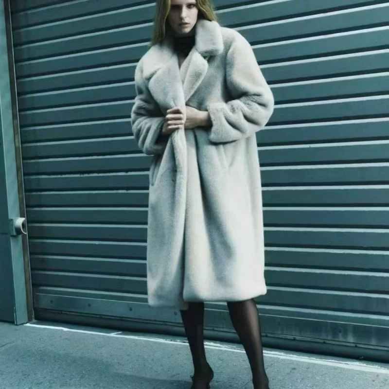 Autumn Winter New Style Women's High-End Fake Fur Effect Long Coat Jacket Collar Flip Outerwear Warm Loose Fit Long Sleeve