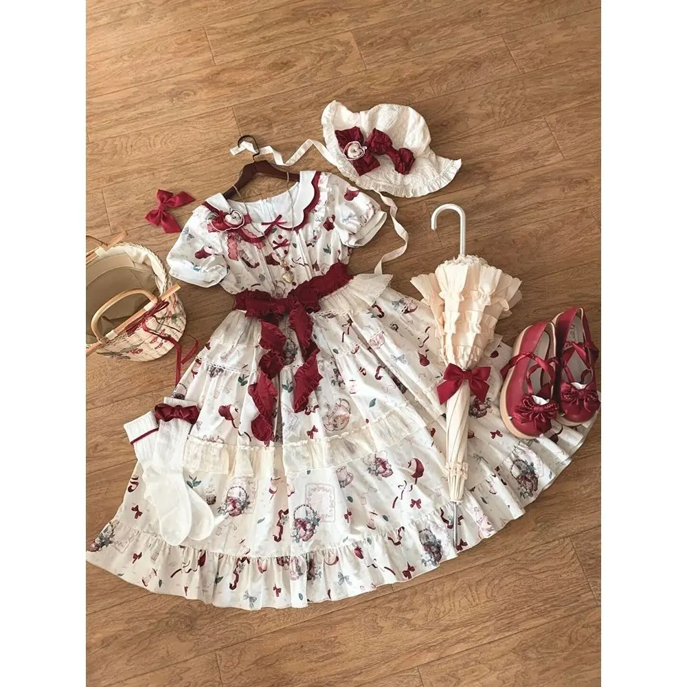 Japonês original retro doce lolita vestido de manga curta op estilo pastoral elegante bonito diário deslocamento estilo universitário vestido