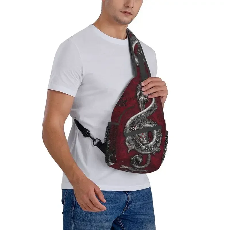 Sling Bag Padrão Dragão para Homens, Mochila de Ombro, Mochila Peito Crossbody, Padrão Dragão, Estilo Chinês, Asiático, Apto para Ciclismo, Acampamento, Música