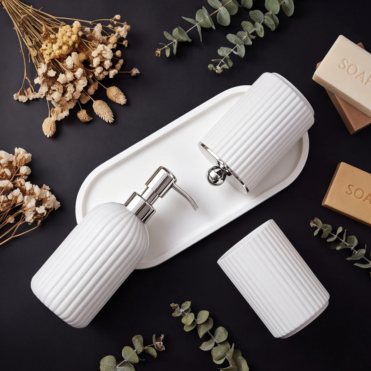 Mattes Badezimmer-Zubehör-Set, Farmhouse-Organizer mit Seifenspender, Wattestäbchen-Behälter, Zahnbürstenhalter und Ablage für Badezimmerwaschbecken – Detail 6