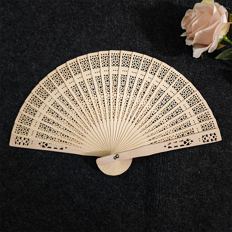 3-piece wooden hollow folding fan with tassel storage bag, lotus pattern wedding dance, summer cooling wooden fan