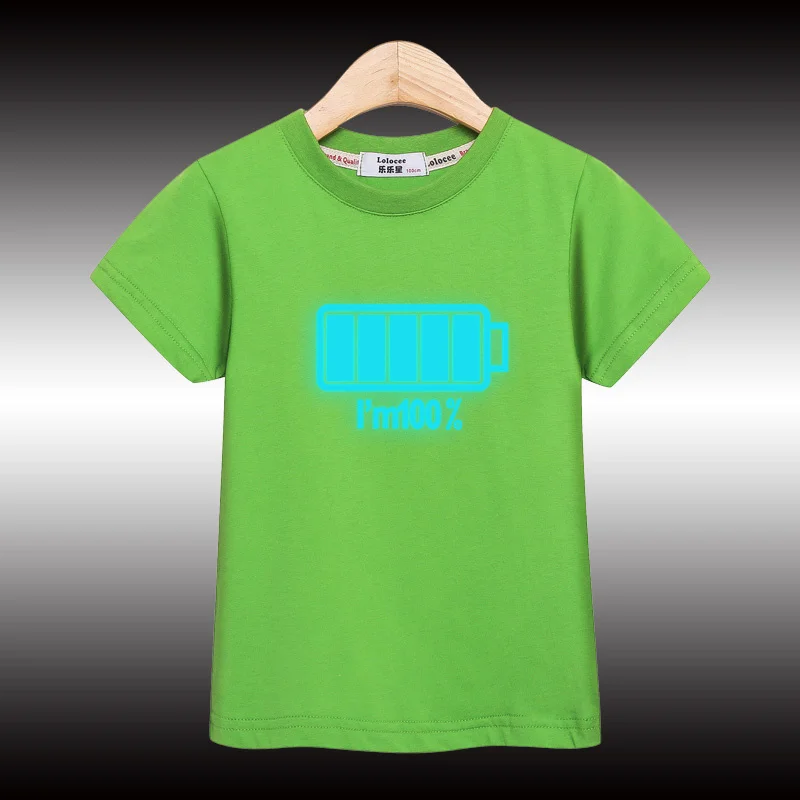 2024 Boys New Night Noctilucent  T-shirt Battery Pattern Tops Children Summer Cotton Shirt 3-14T