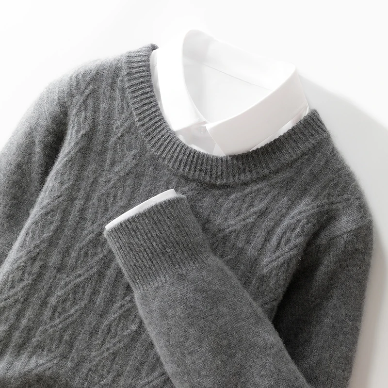 Autumn And Winter New 100% Pure Wool Men's Round Neck Twisted Flower Thick Knitted Sweater Loose Casual Bottoming Shirt