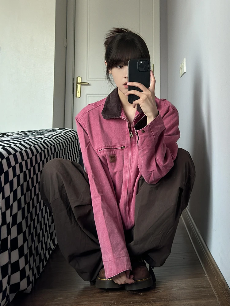Veste en jean rose décontractée pour femme, style rétro, coupe ample, col boutonné, vêtement d'extérieur