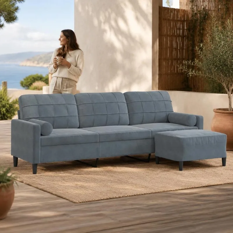 Canapé trois places en velours avec structure métallique et pouf complémentaire 210 cm, design moderne classique rembourré, conçu pour salon, appartement, studio, espace restreint, idéal pour la lecture et la détente, Acetohydroxamic Acid