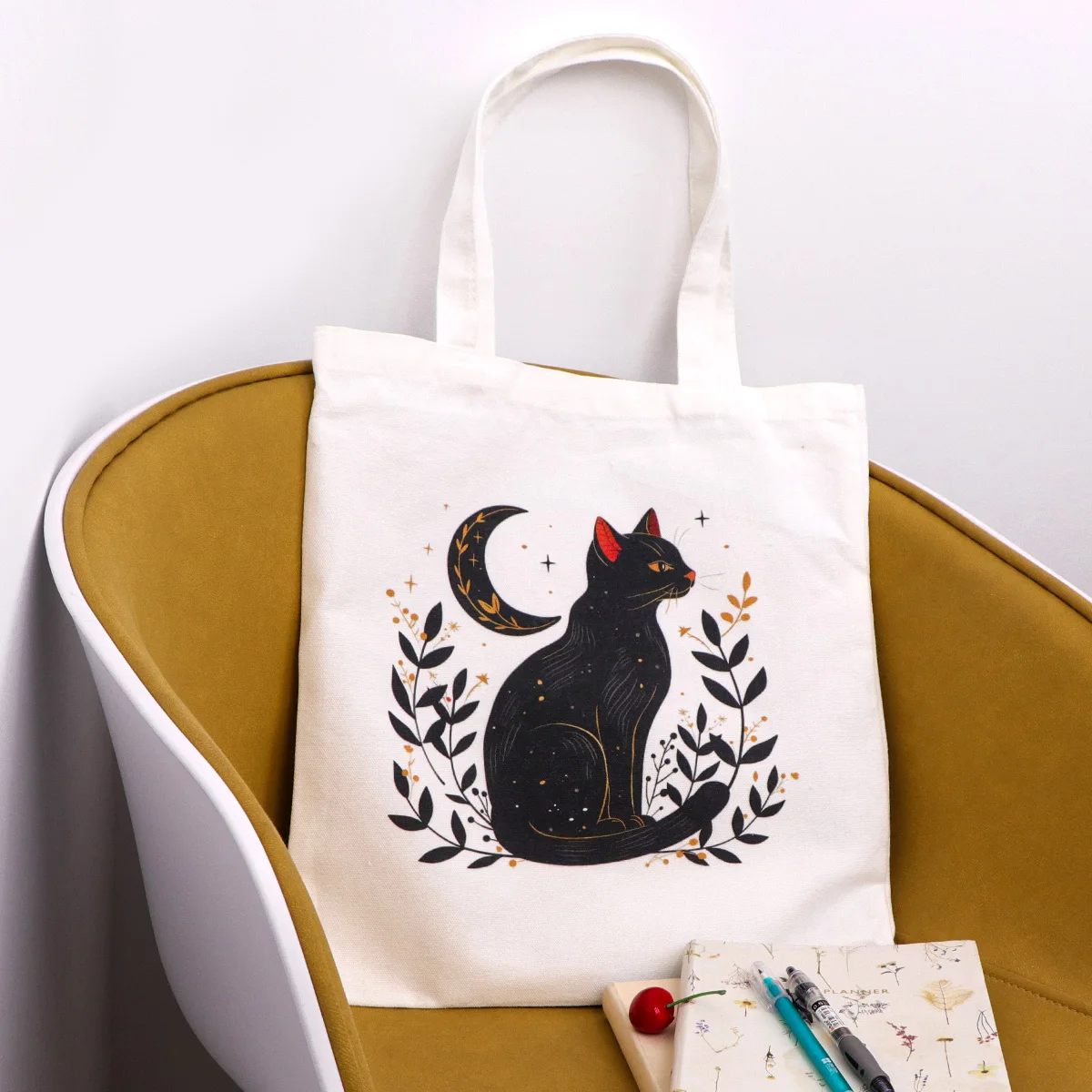 

Moon Black Cat Fashion Shopping Bag Women's Handbag Casual Foldable Shoulder Bag Shopper Canvas Bag School Handbag Gift