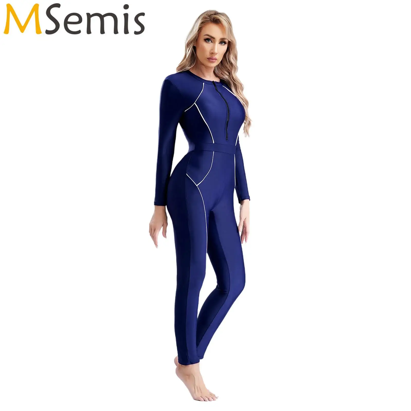 Womens Rash Guard Swimsuit One Piece Zip Front Full Body Suit Long Sleeve Chest Pads Conservative Swimsuit UPF 50+ Wetsuit