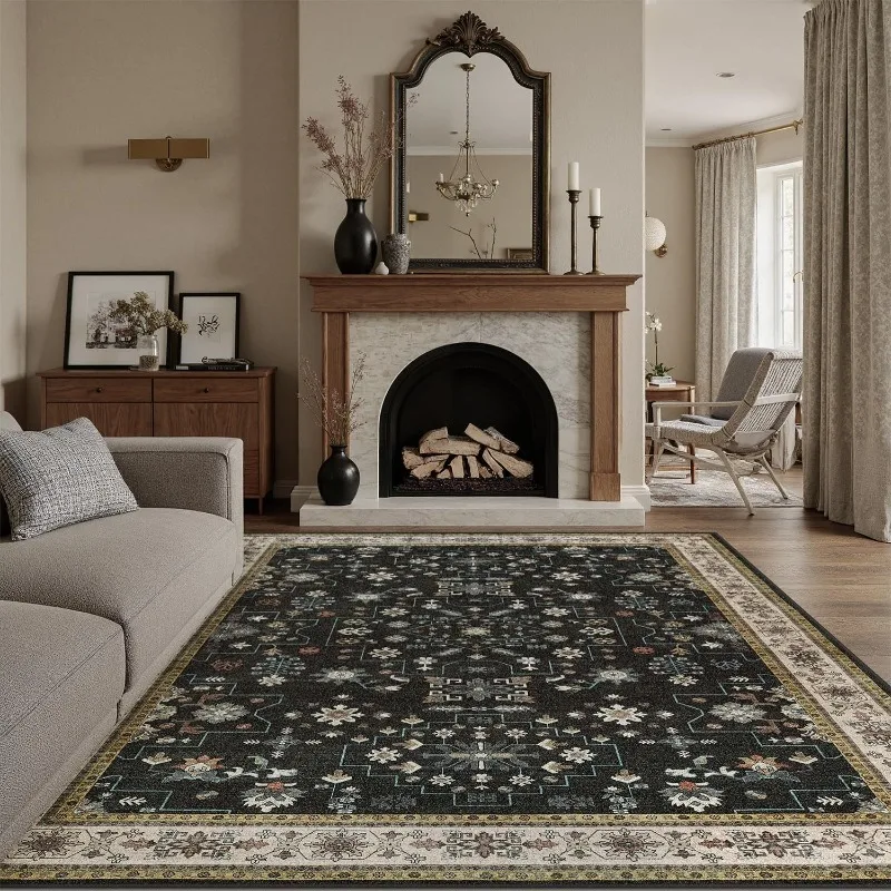 Vintage Printed Living Room Carpet Foldable Machine Washable Sofa Coffee Table Floor Mat Bedroom Bedside Home Decoration Rug 러그
