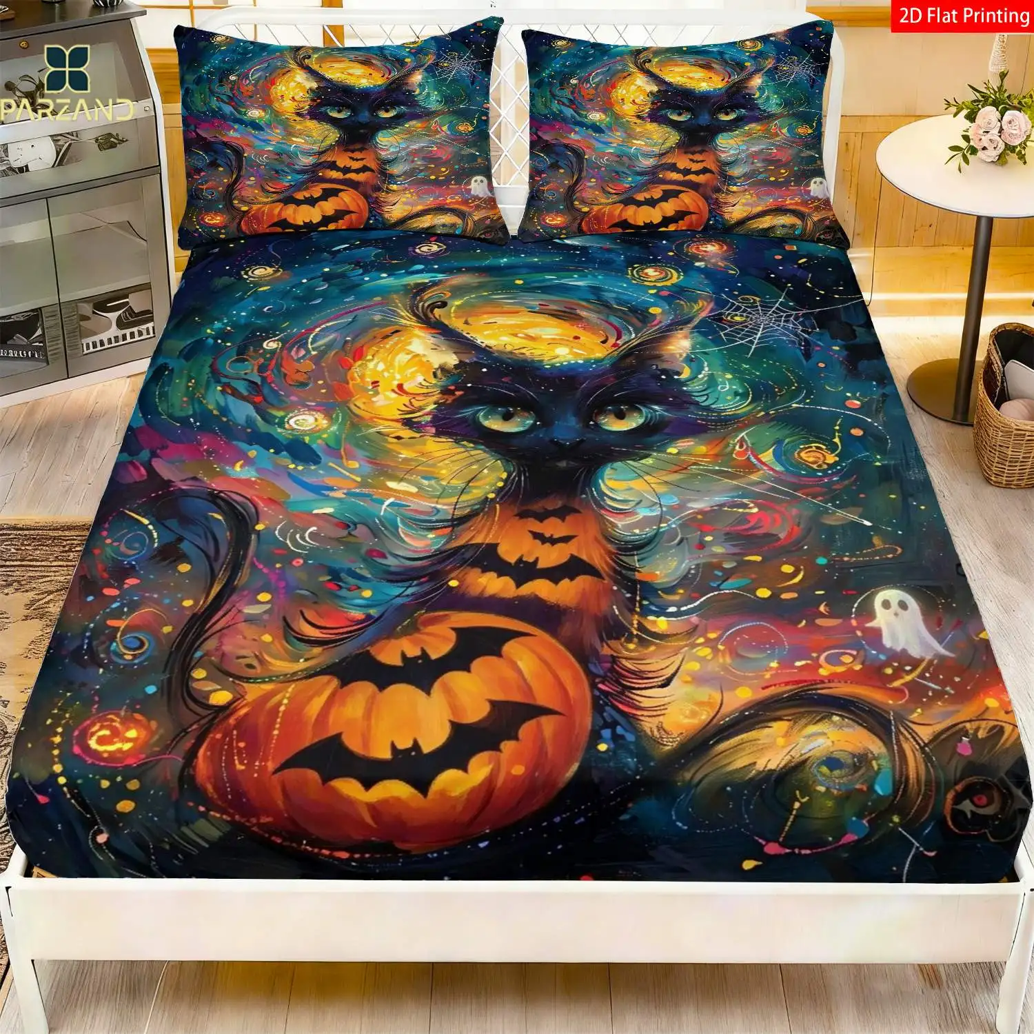 2D Flat Black Cat Pumpkin Bed Sheet Set for Room Decoration, Thanksgiving Gift, Three-Piece Bedding Set (Includes 1 Fitted Sheet + 2 Pillowcases), Large Capacity Deep Bed Sheet Set, Fitted Elastic Style Protective Cover, Mattress Protector, Machine Washable Design, Holiday Decoration, Various Sizes, Breathable Protective Cover Plus Pillowcase