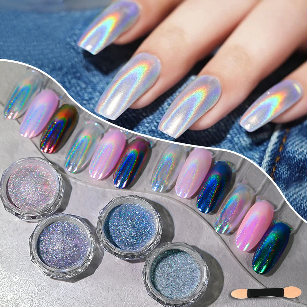 1jar Laser Aurora Nail Art Pulver holo graphische Neon perle feines Glitzer pulver funkelnd metallisches Chrom Zaubers piegel Pigments taub *