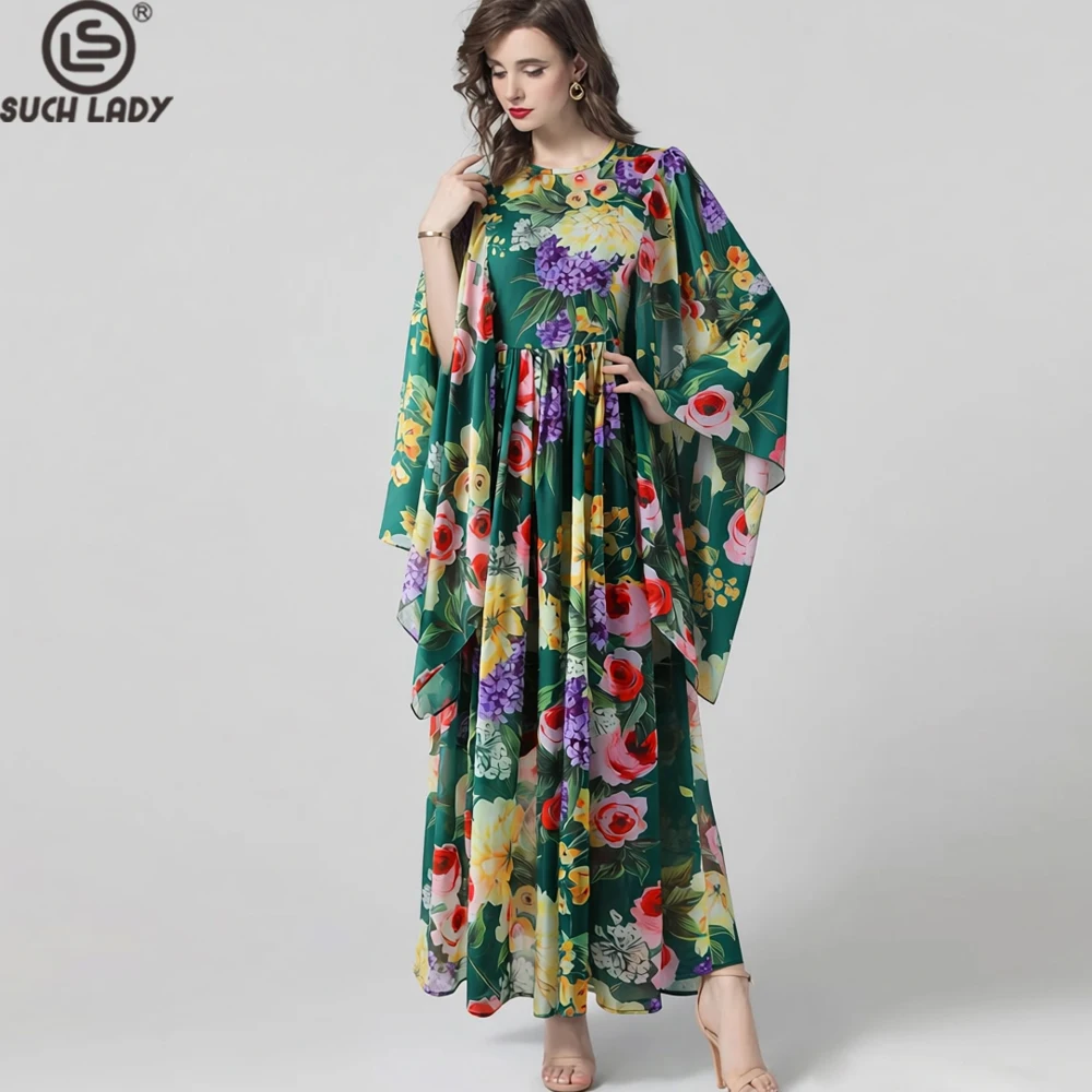 

Women's Dress O Neck Flare Sleeves Floral Printed Fashion Maxi Designer Vestidos