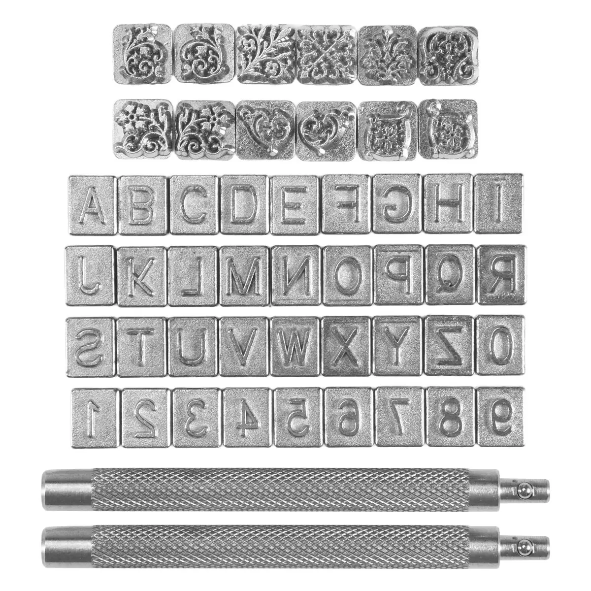 DT38 50 Pieces Letters and Numbers Stamp Set 6Mm Alphabet Leather Punch Stamps Metal Floral Pattern Stamp Tools with Handle
