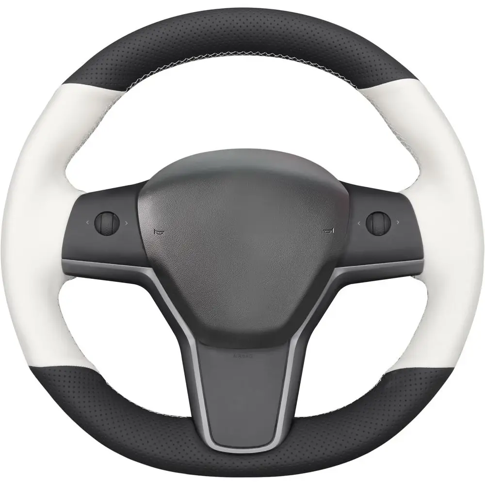 

Stitching Black White Faux Leather Steering Wheel Cover for Model Y Model 3 Steering Wheel Wrap Accessory
