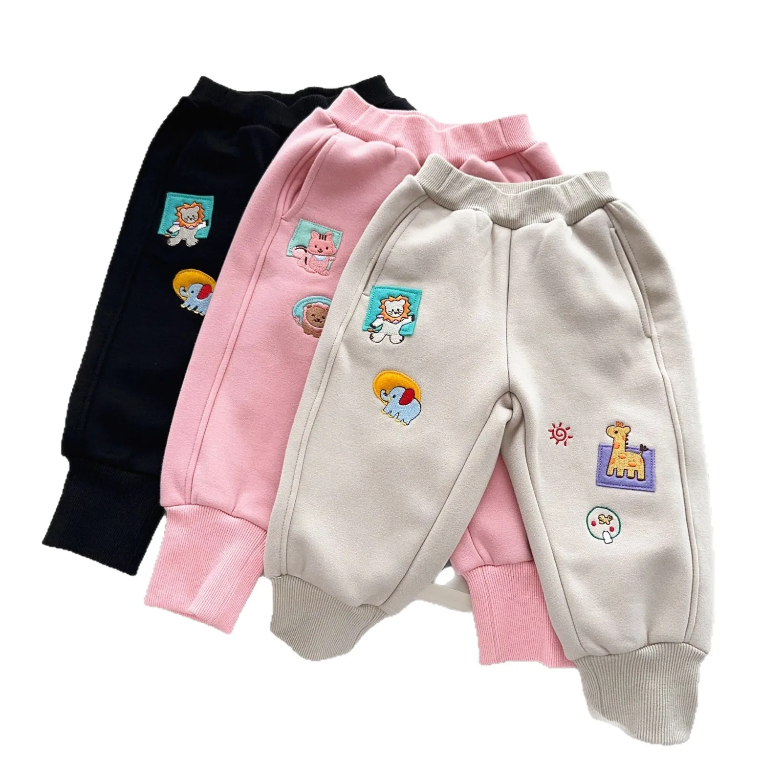 

2025 Winter New Badge Velvet Pants Cartoon Bear Rabbit Elastic Warm Pants Pink and Cute Casual Simple Children's Velvet Pants
