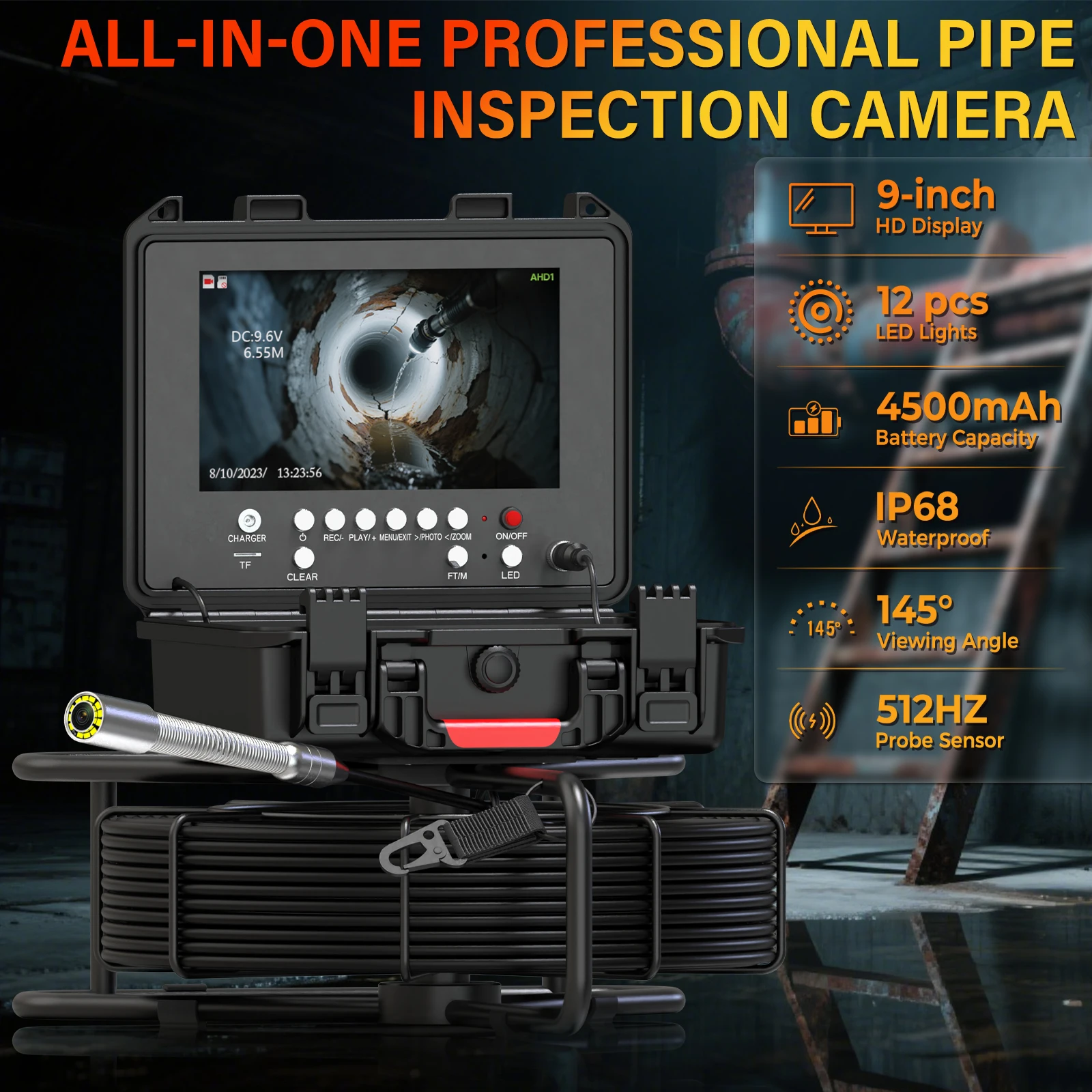 

Камера для осмотра канализационных труб, 512 Гц, самовыравнивающийся счетчик, 9-дюймовый видеорегистратор, кабель диаметром 7 мм, IP68, дренажное видео, промышленный эндоскоп