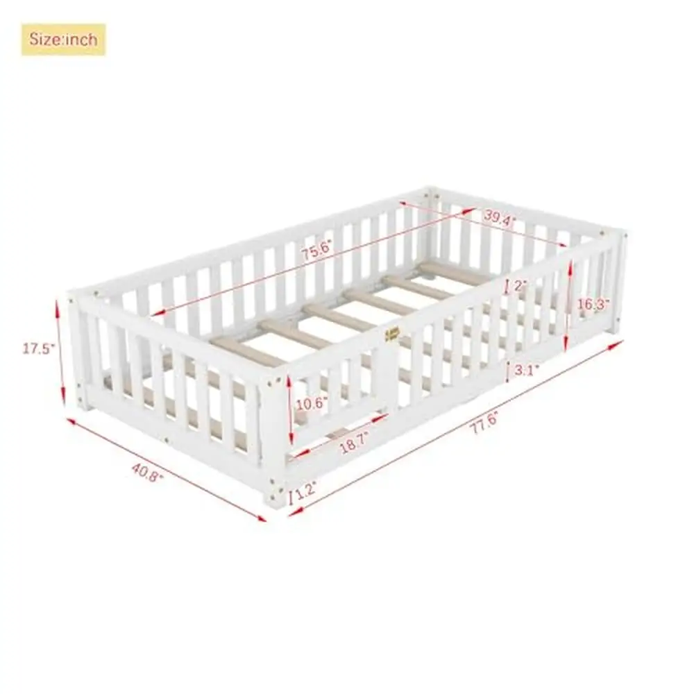 Montessori Wood Floor Bed Twin Size with Safety Guardrails Door Slats Children Platform Easy Install High Quality Pine 200lbs