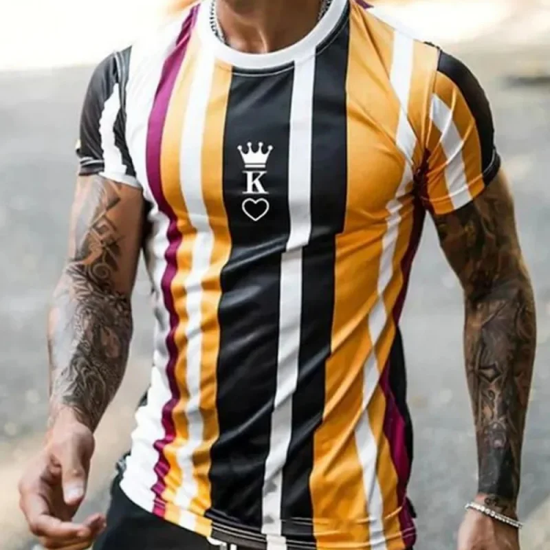 ثلاثية الأبعاد مطبوعة الملك روز تي شيرت للرجال الملونة المشارب نمط تيز الصيف س الرقبة قصيرة الأكمام بلايز عادية الشارع فضفاض تي شيرت #1