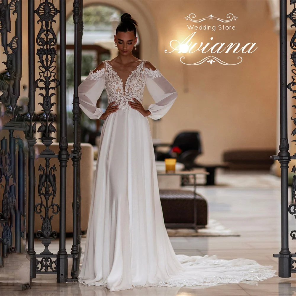 

Aviana Customized V-Neck A-Line Wedding Dress Sweep Train Lace Appliques Embroidery Elegant Long Sleeve Backless Floor Length