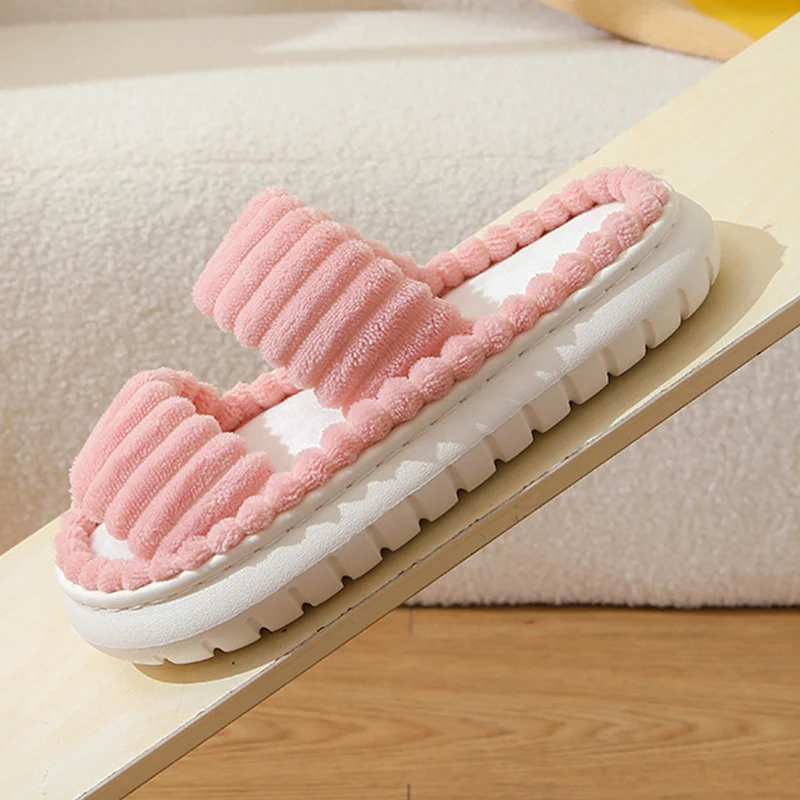 Double Straps Plush Platform Slippers Women Solid Color Non Slip Comfy Cotton Shoes Woman Fashion Corduroy Indoor House Slippers image 5