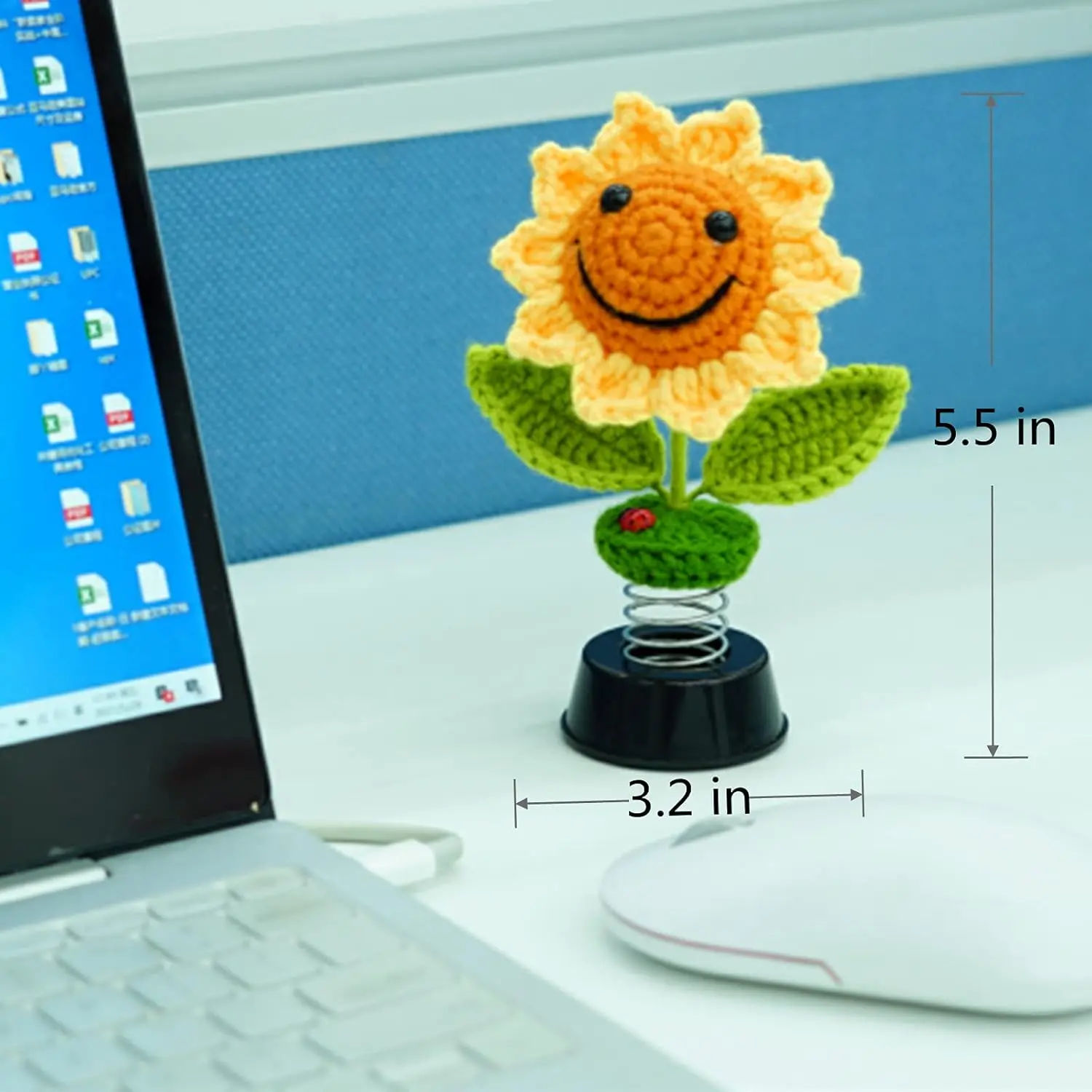 Sunflower Car Accessories Dashboard Decorations, Crochet Smiley Shaking Sun Flowers Bobblehead Car Decor for Women, Gifts