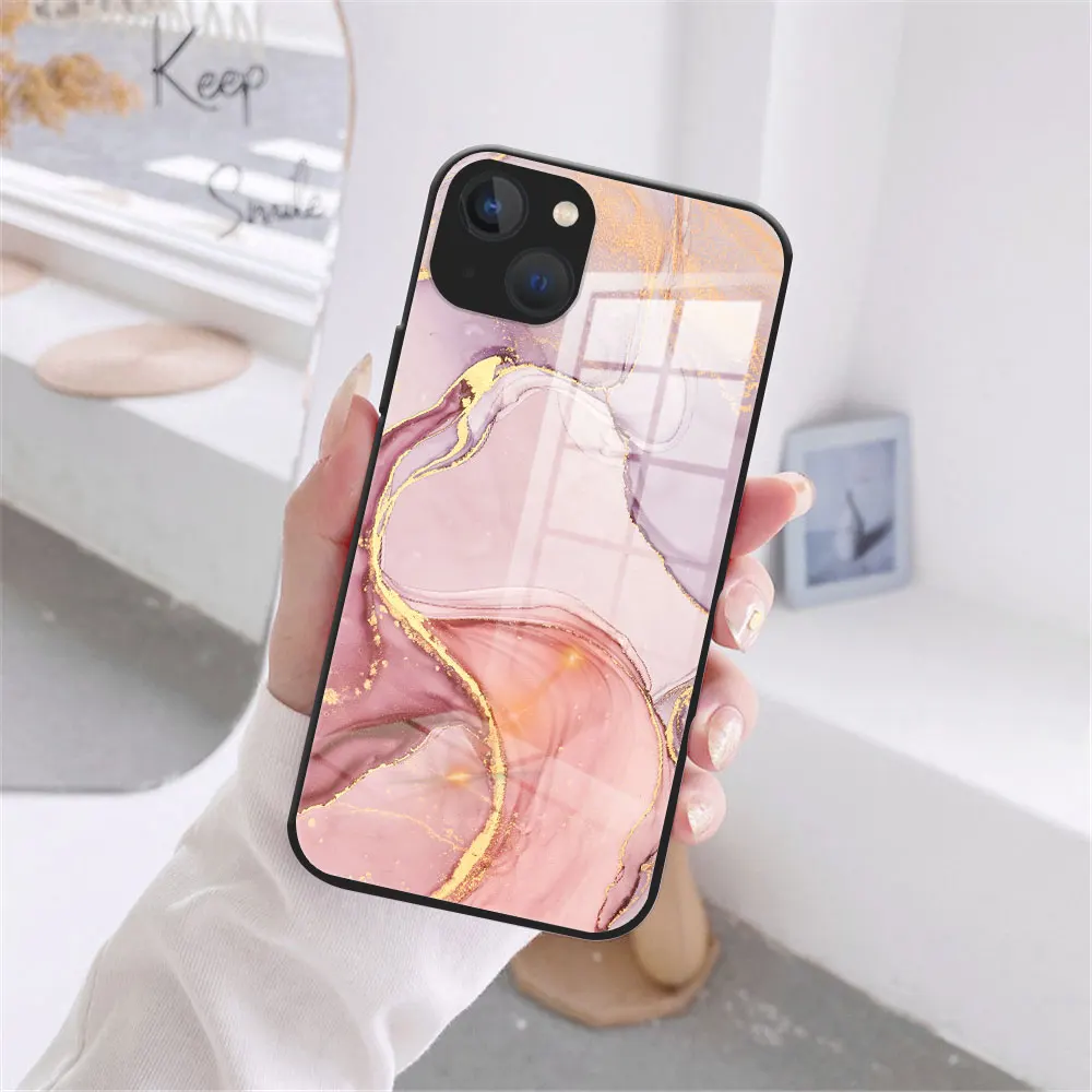 Luxury Marble Stone Texture Glass Phone Case For iPhone 11 12 13 14 15 Pro Max XR XS MAX 8 7 14 15 Plus Black Bumper Back Cover