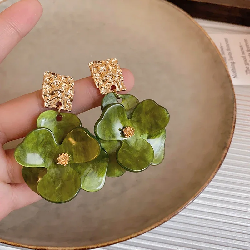 Green Petal Flower Earrings For Women Vintage Acrylic Pendientes Drop Earrings Beach Vacation Ear Jewelry Party Gifts K