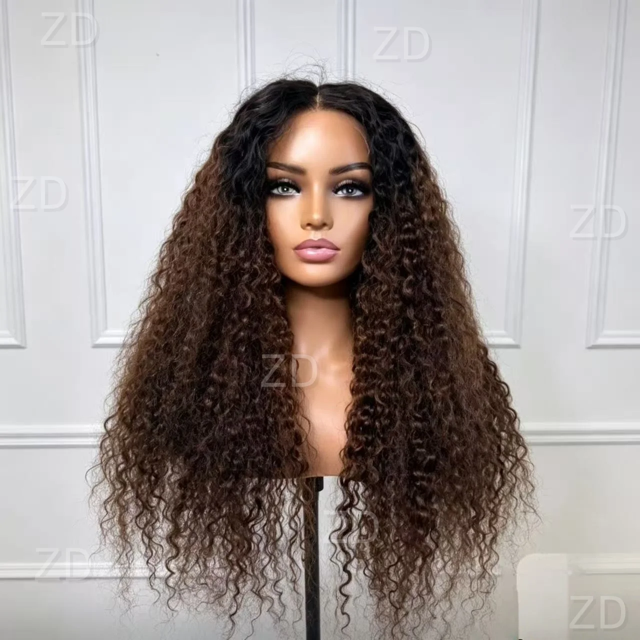 

Ombre Brown Kinky Curly Soft Pre-plucked 26" 180 Density Glueless Synthetic 13X4X1 Lace Front Wig For Women Baby Hair Daily