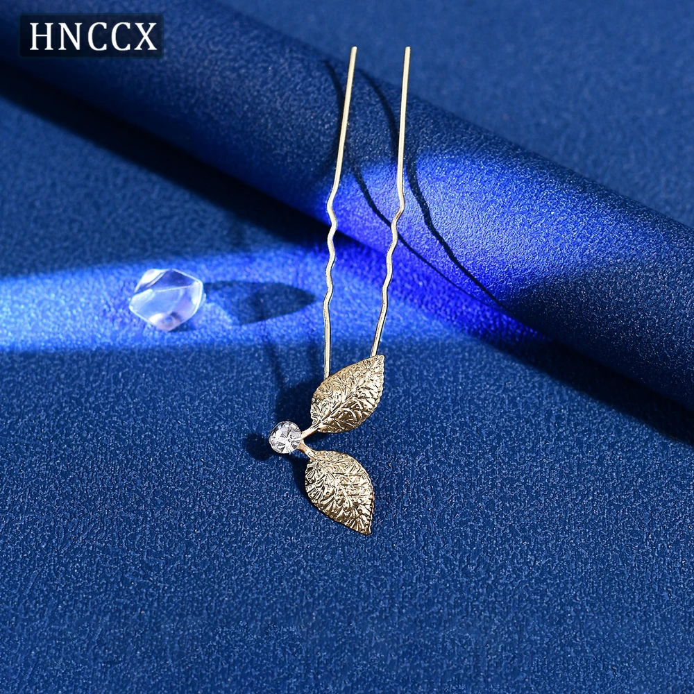 HNCCX Bridal Hairpins Wedding Headpiece Gold Color Alloy Leaf  Hair Pins Rhinestone Women Hair Fork Jewelry Accessories CP769