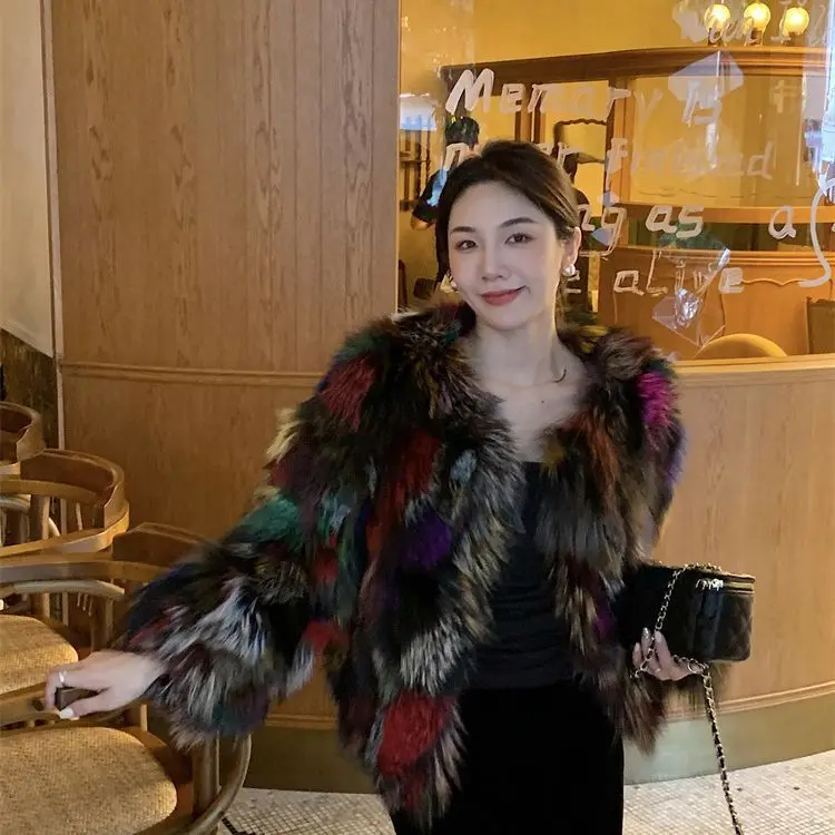 2024 autumn and winter new high-end fashion rainbow color round neck contrasting real fox fur grass jacket looks slim for young