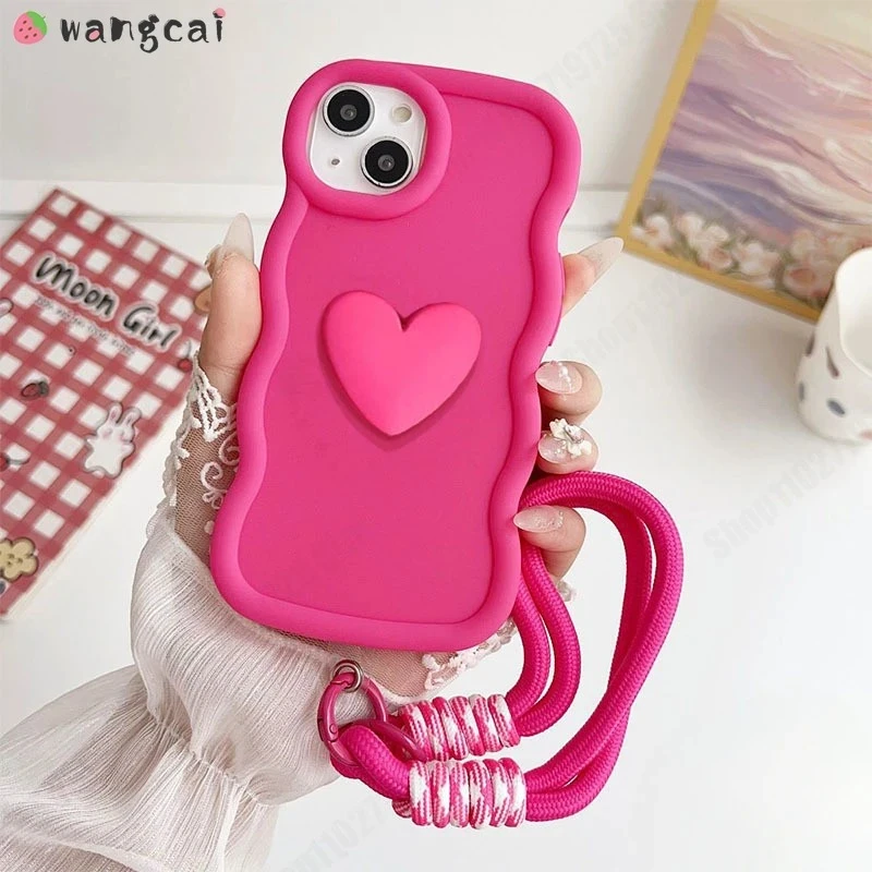 For Redmi Note 14 13 12 11 Pro Plus 12S 11S Pro+ 5G 4G Phone Case 3D Wave Cute Love Heart Soft Casing With Lanyard