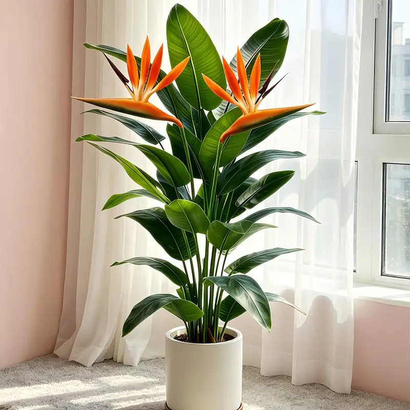 lifelike-artificial-banana-leaf-tree-matching-2-pcs-fake-bird-of-paradise-plastic-flowers-faux-greenery-bonsai-for-home-garden