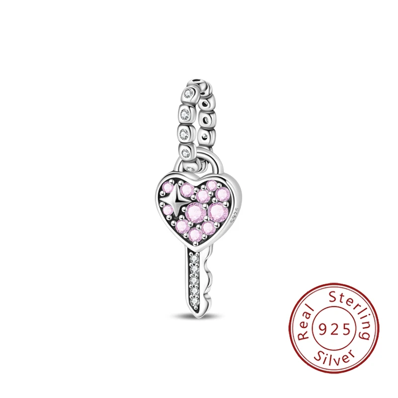 New 925 sterling silver pink key pendant beads, suitable as original women's bracelet, gift, DIY exquisite jewelry