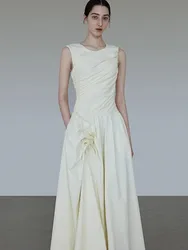 Runway Designer French Summer Prom Party Long Dress New Elegant Women O Neck Sleeveless Folds Slim Waist Pockets Robe Vestidos