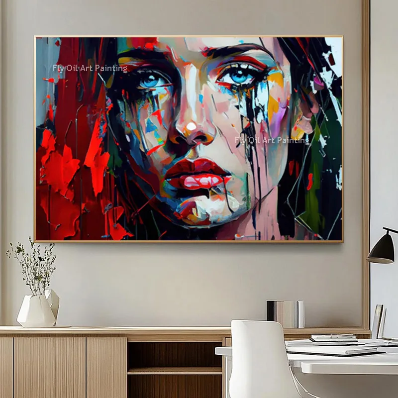 Popular Design Hand Made Black Red Women Face Canvas Thick Artwork New Large Abstract Girls Portrait Oil Painting For Bedroom