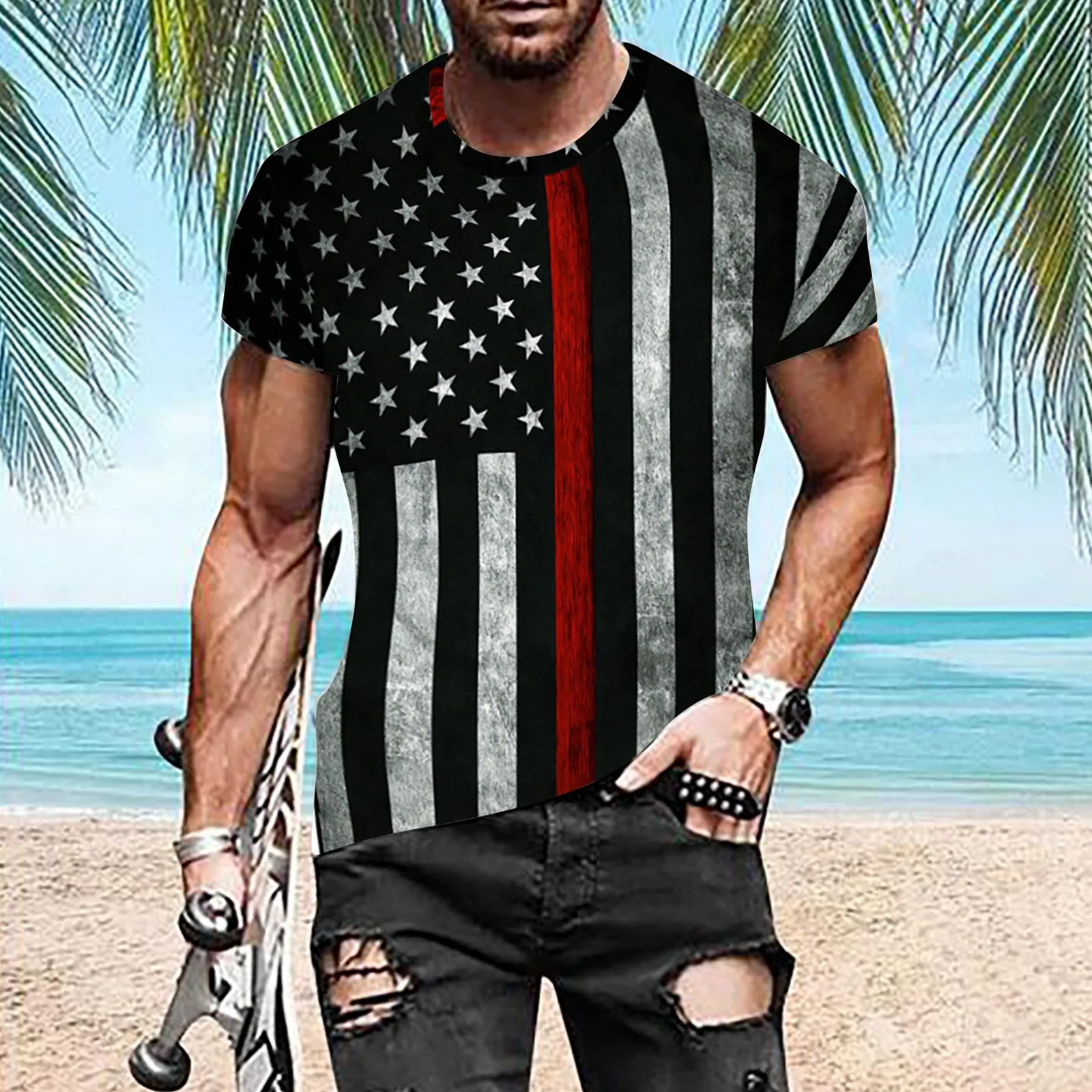 Mens T Shirts Summer Distressed American Flag Printed Round Neck T Shirts Fitness Outdoor Sports Streetwear Vintage Outwear Tops