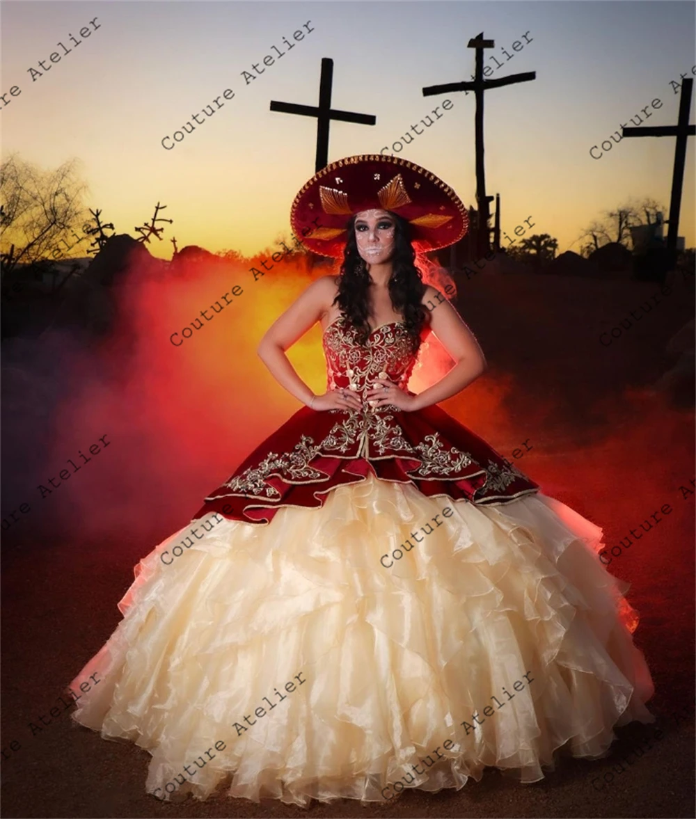 Robes de Quinceanera brodées de velours rouge froncé en tulle mexicain, robe de Rh, chérie, robes de princesse Sweet 16, robe de mariée, 2024